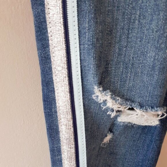 NWOT Zara blue mid-rise skinny denim jeans with sparkly racer stripe detail, 10 - Picture 6 of 7